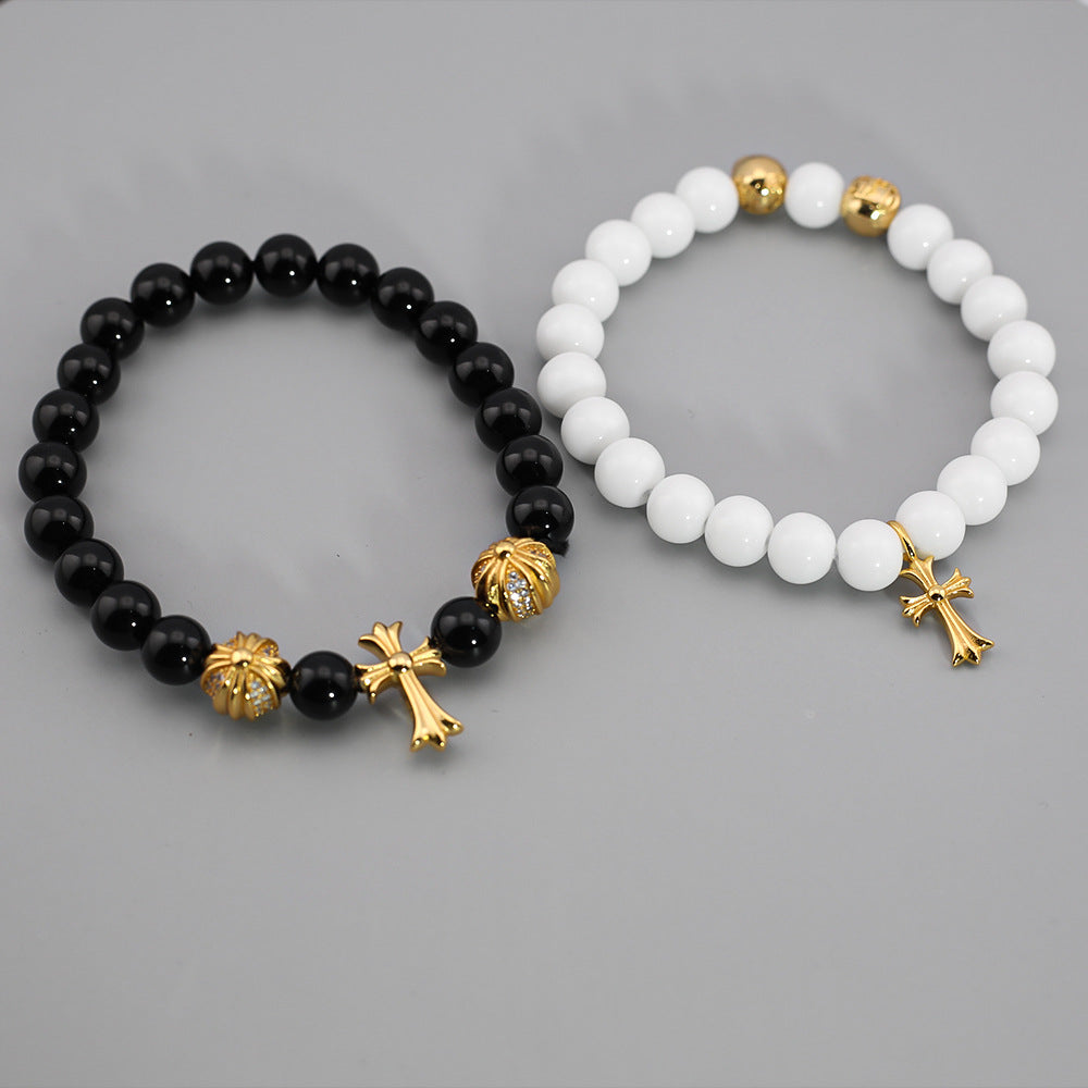 chrome hearts 24k gold cross obsidian white shell bracelet