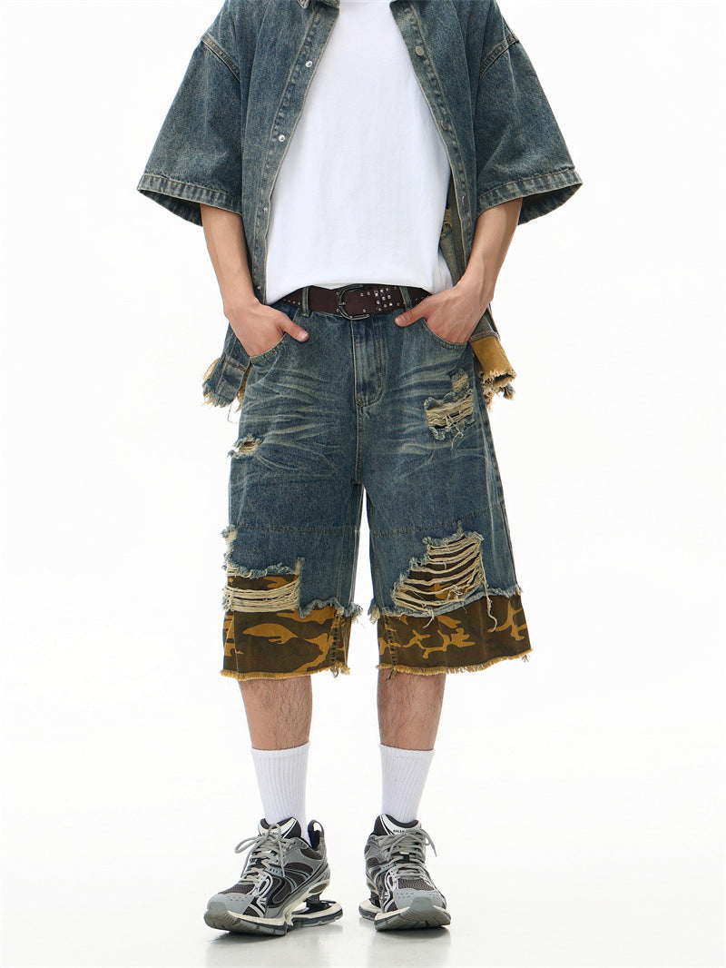 Raw-Hem Leopard-Print Patchwork Denim Shirt & Shorts Set