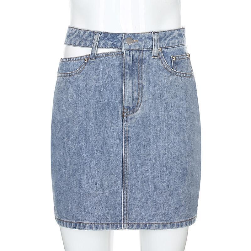 High-waisted denim mini skirt with one-sided cutout