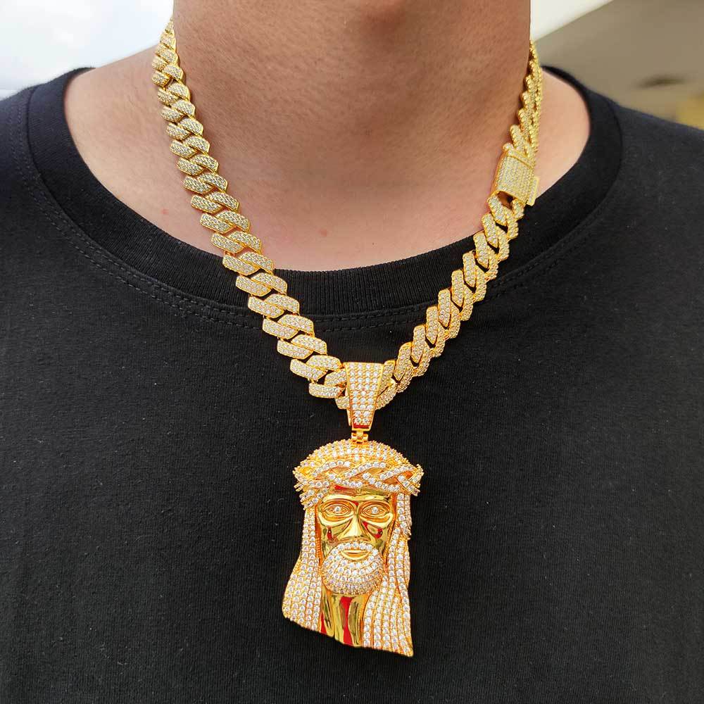 Micro Paved Zircon Jesus Head Hip Hop Men's Pendant Necklace