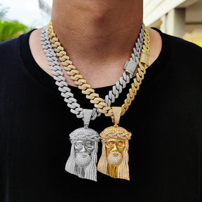 Micro Paved Zircon Jesus Head Hip Hop Men's Pendant Necklace