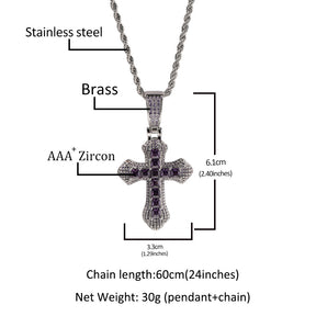 Hip Hop Cross Shape Copper Set Purple Zircon Pendant Jewelry Necklace