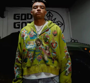 RIGHTEOUS Jesus Cross Cartoon Hooded Zip-up Sweatshirt