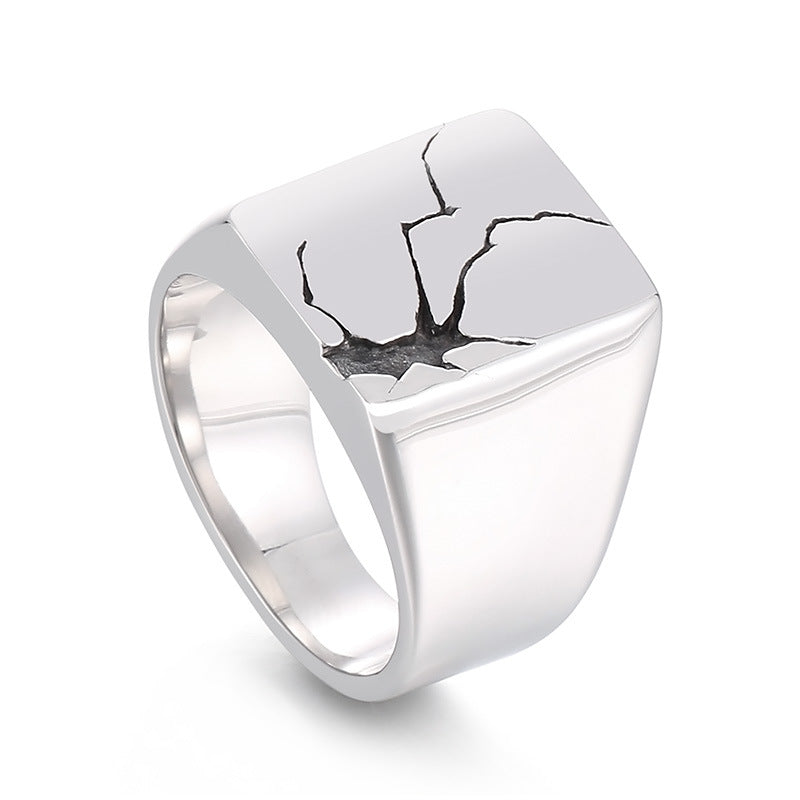 Crackled design round stainless steel wide face thumb ring