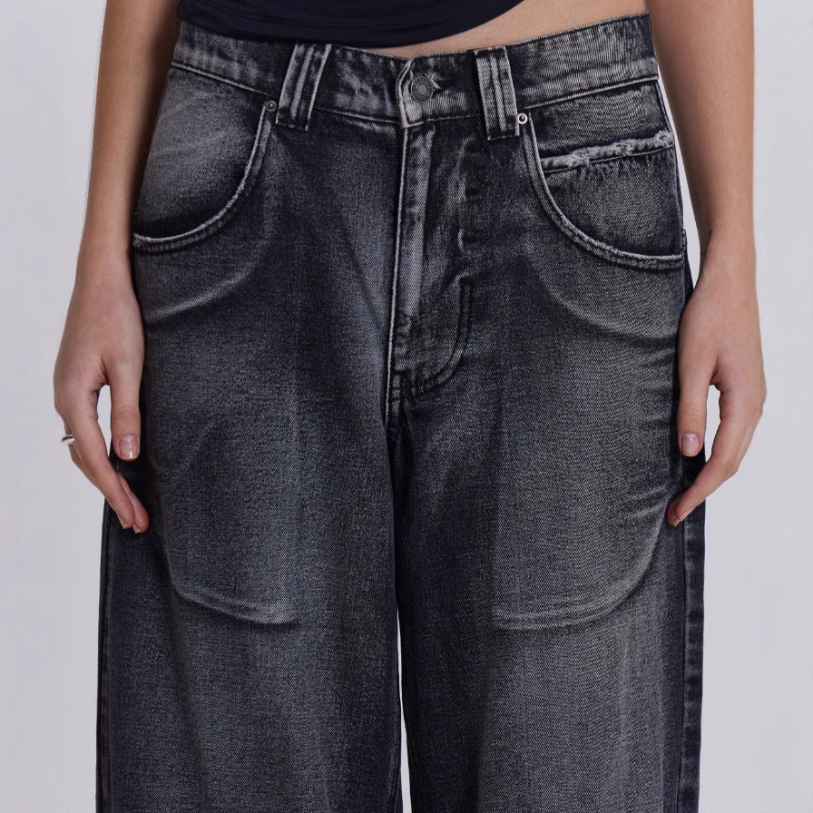 Washed & Distressed Wide-Leg Jeans with Gradient Wing Print