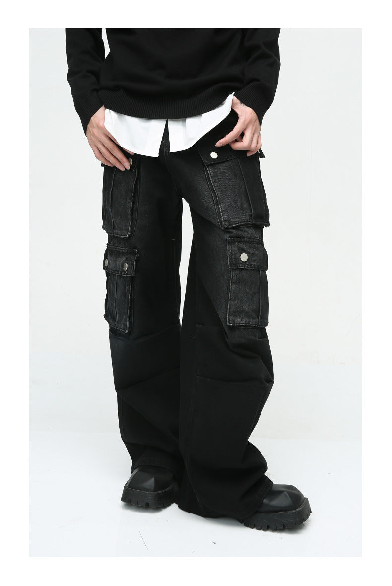 Heavy-Duty Retro Multi-Pocket Cargo-Style Wide-Leg Jeans