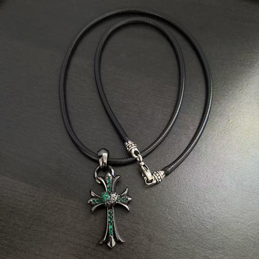 Chrome Hearts Dark Style Anchor and Cross Leather Cord Necklace