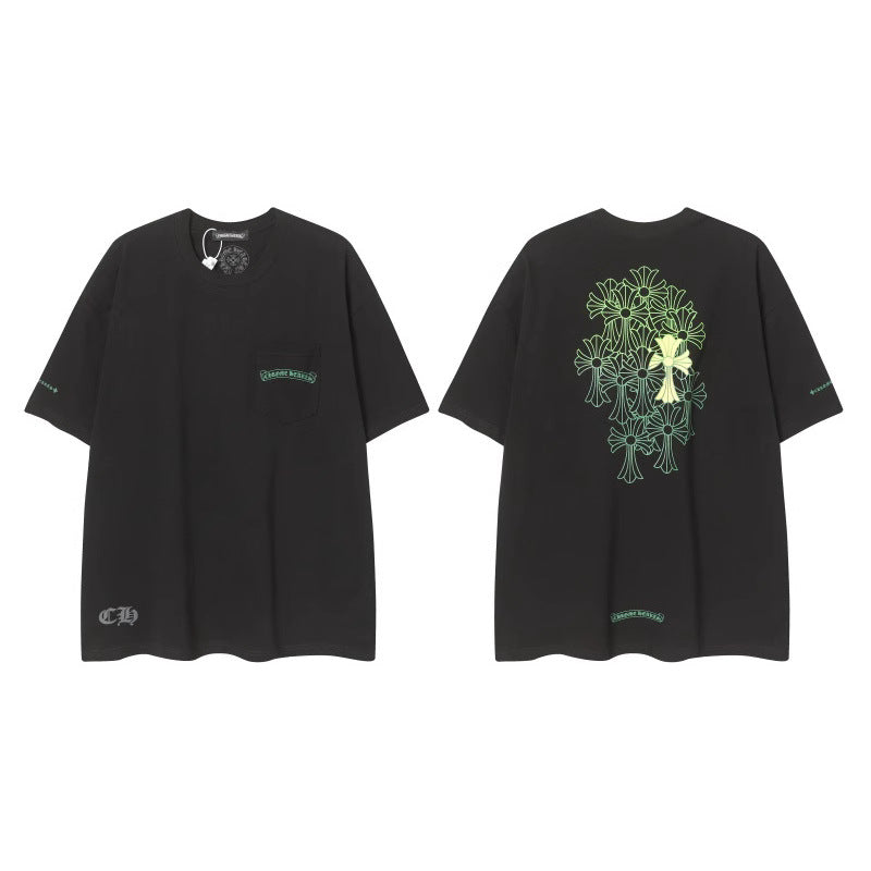 Chrome Heart horseshoe Sanskrit cross fluorescent wings T-shirt