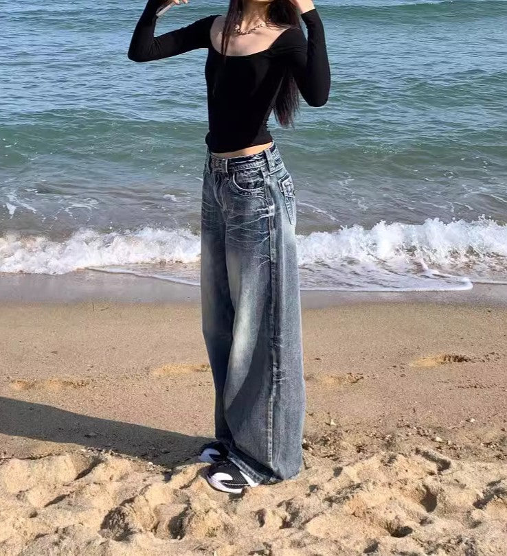 Washed High-Waisted Floor-Length Wide-Leg Jeans for Women
