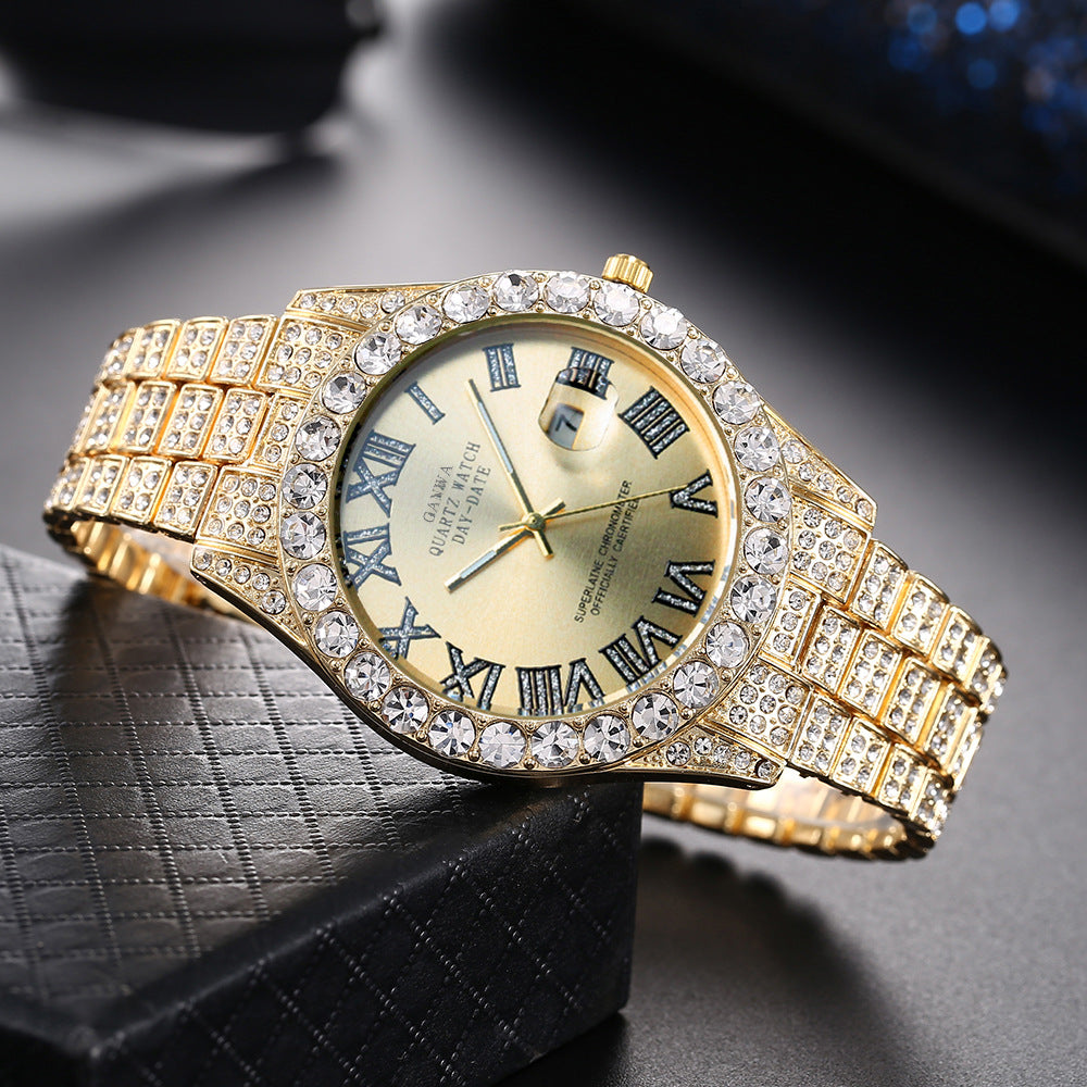 Fully Jeweled, Steel-Band, Calendar Quartz Watch