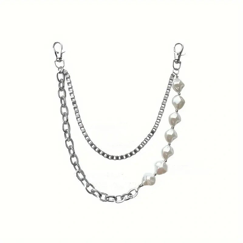 Irregular Pearl & Cuban Link Mixed-Material Punk Waist Chain