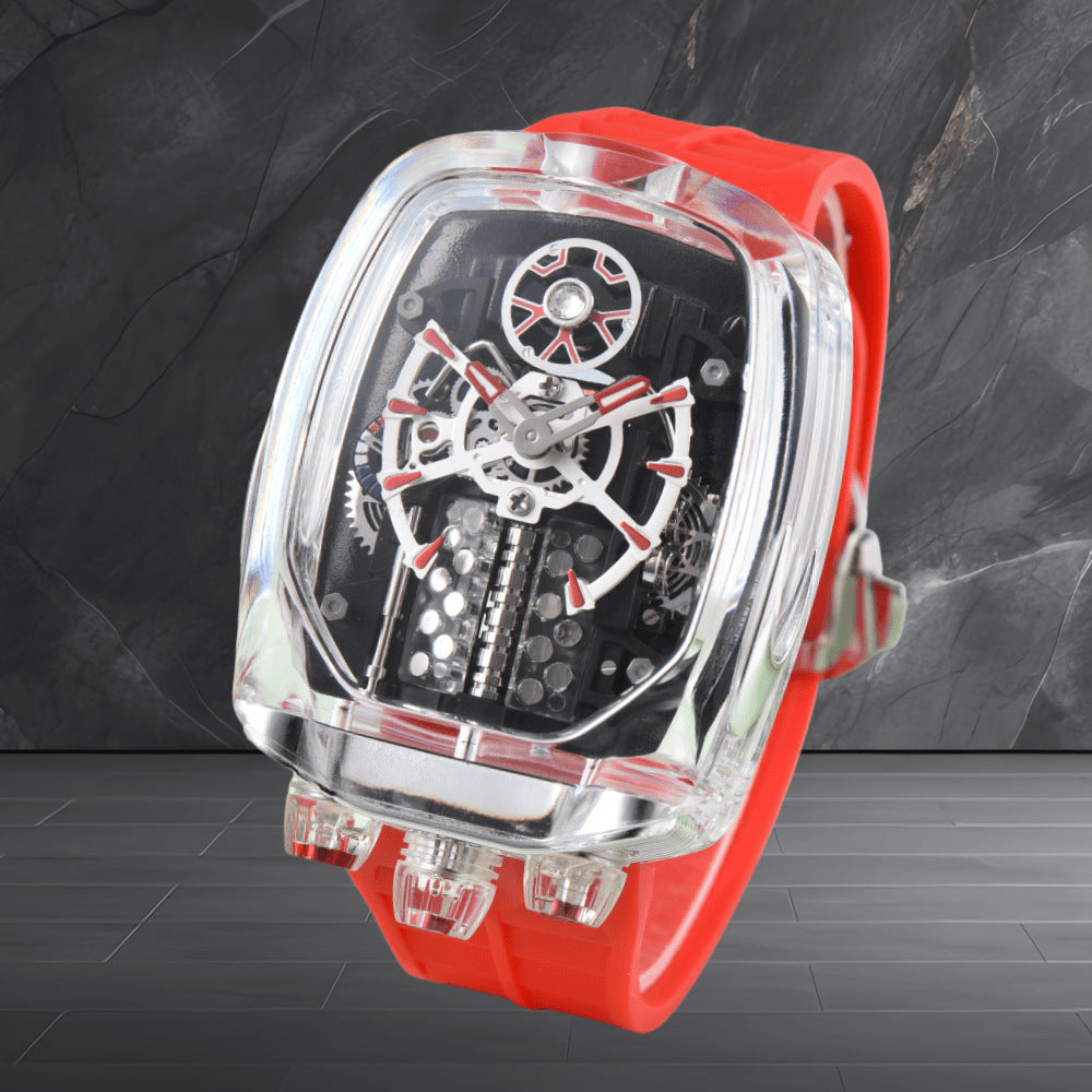 W16 Engine-Style Watch with Sparkling Transparent Crystal Case
