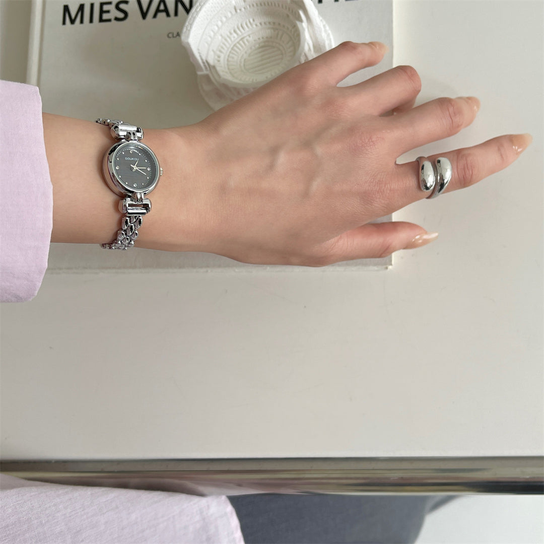 Round Dial Watch with Crystal Accents and Narrow Band