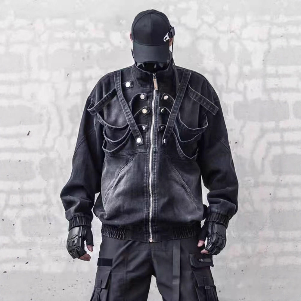 Dark Washed Padded Shoulder Ripped Denim Jacket