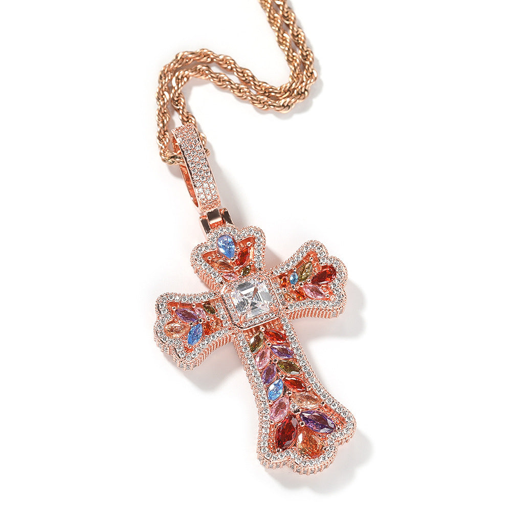 Hip-hop full diamond colorful wheat ear cross pendant