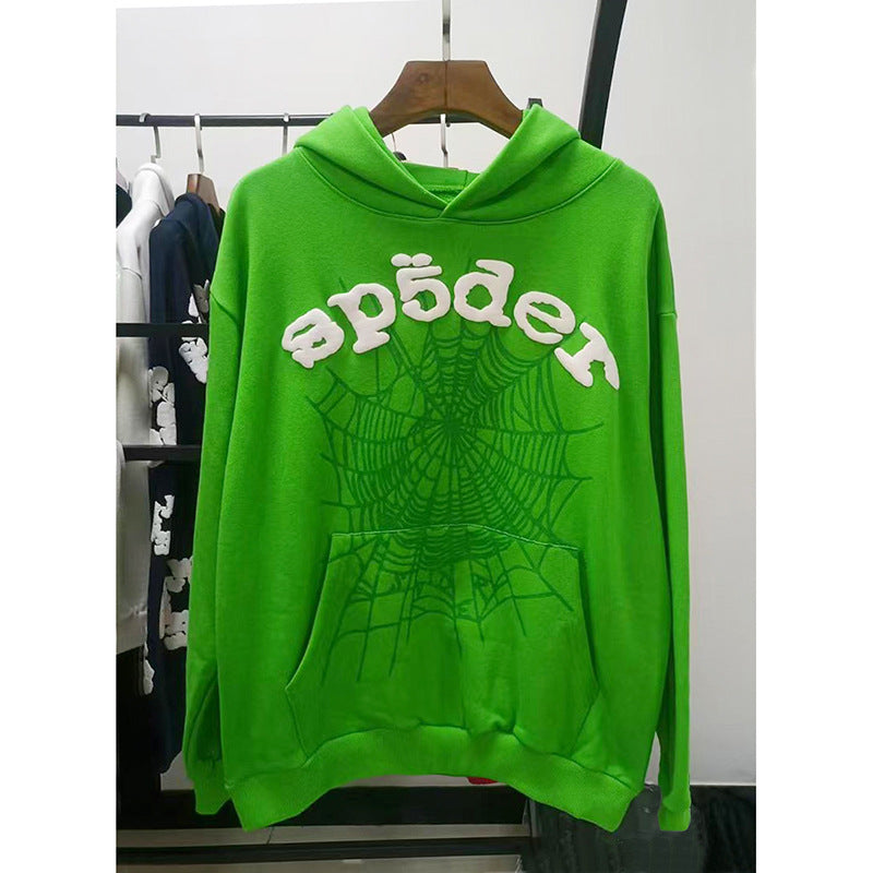Sp5der fleece-lined hoodie with spiderweb print.