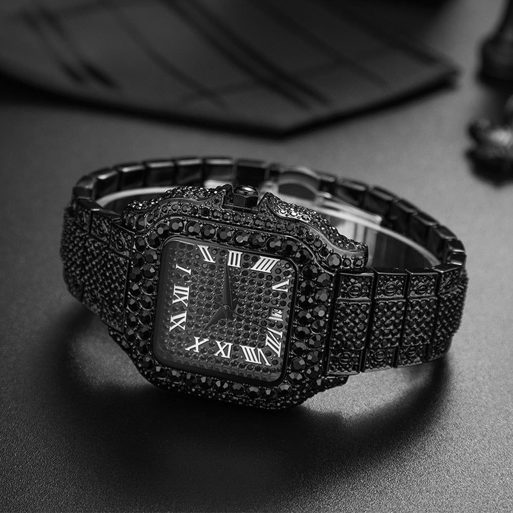 Hip-Hop Square Quartz Watch with Full Diamonds and Roman Markers