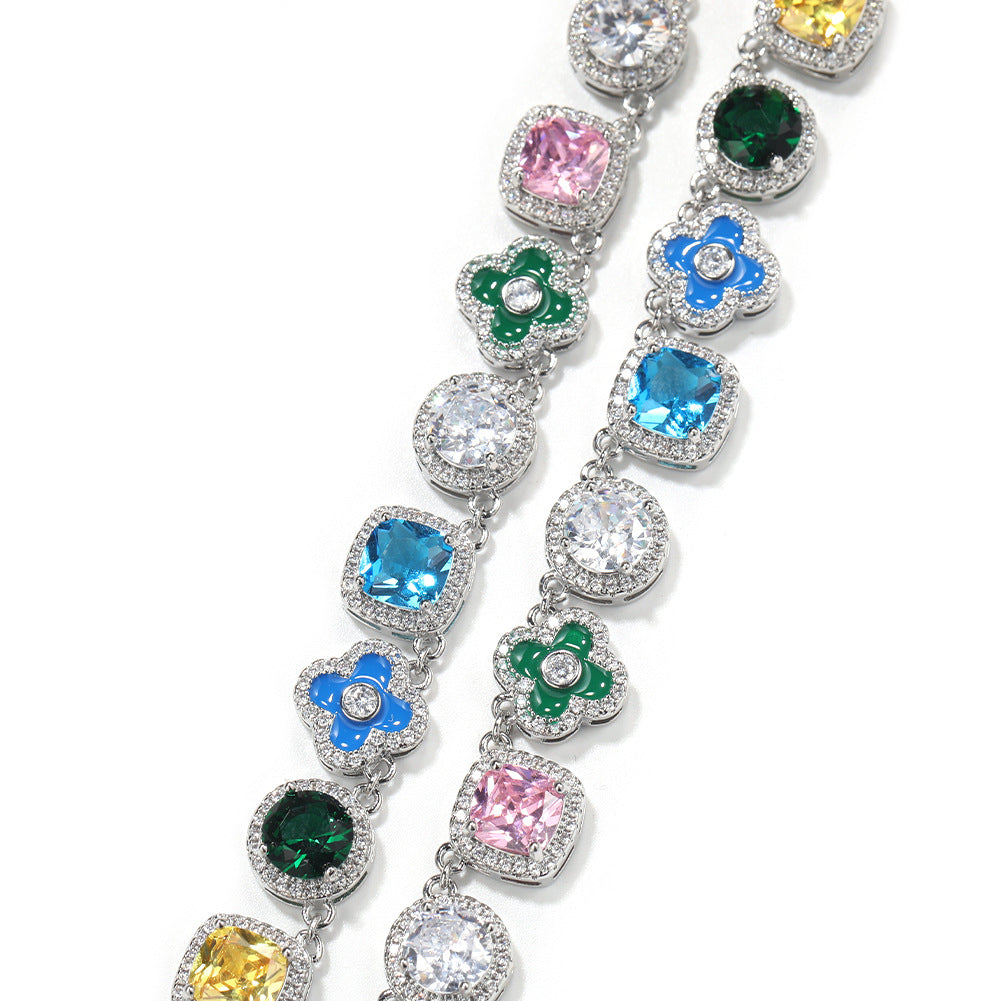 Hip-hop colorful rhinestone-encrusted flower necklace