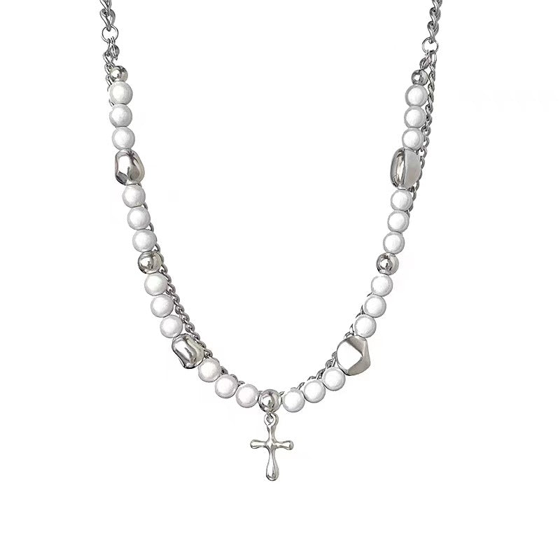 rosary necklace Reflective pearl cross necklace