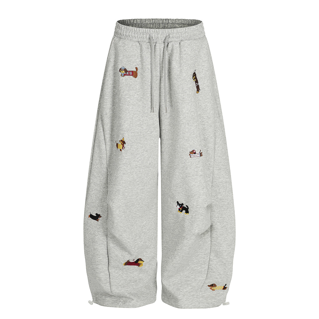 Cartoon Dog Print Straight-Leg Trousers Curved-Cut Casual Pants