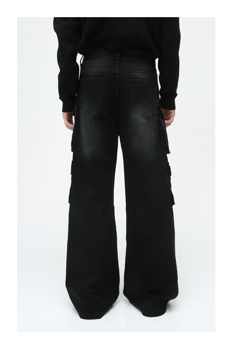 Heavy-Duty Retro Multi-Pocket Cargo-Style Wide-Leg Jeans