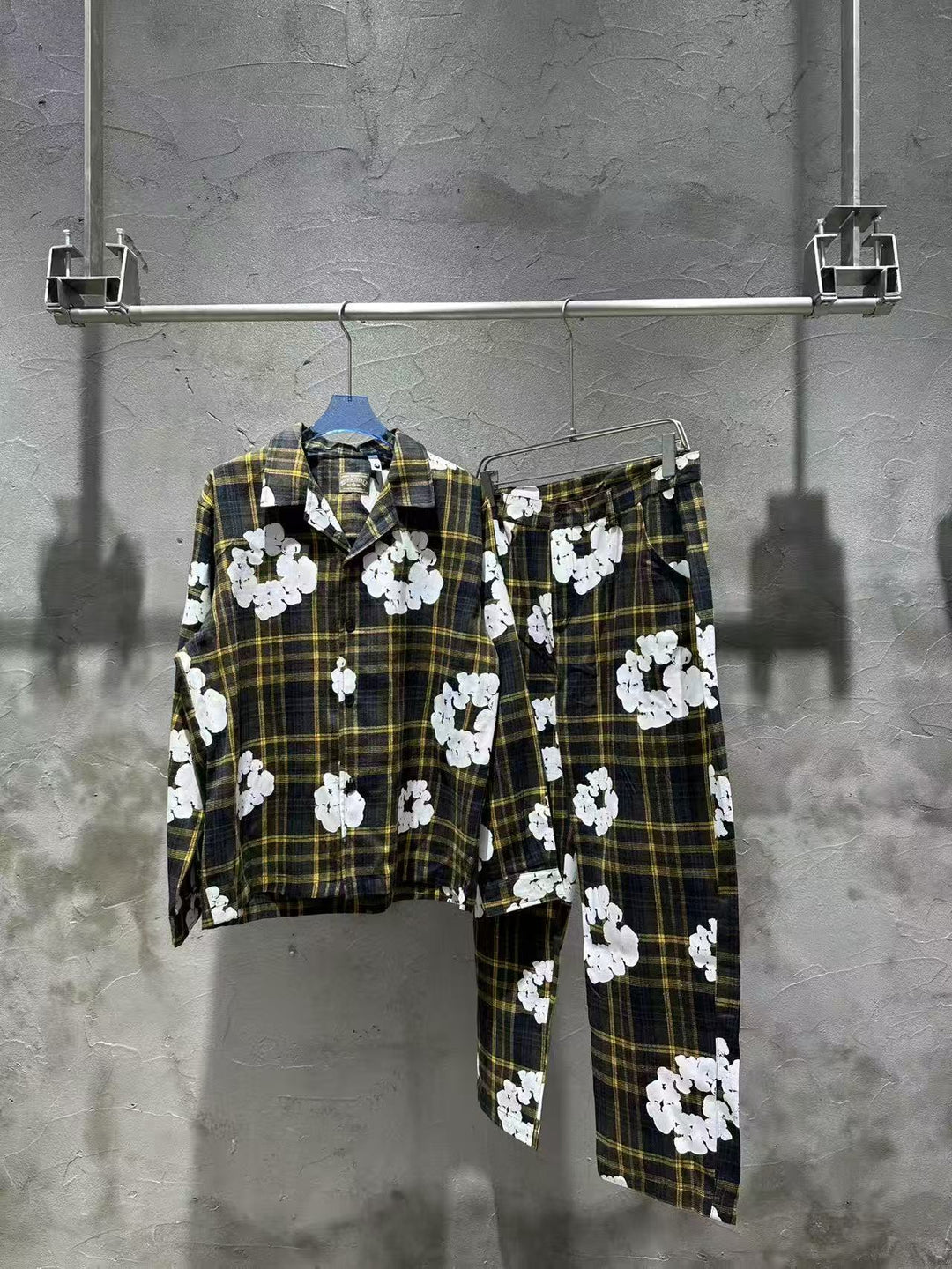 Kapok flower foam print plaid shirt set