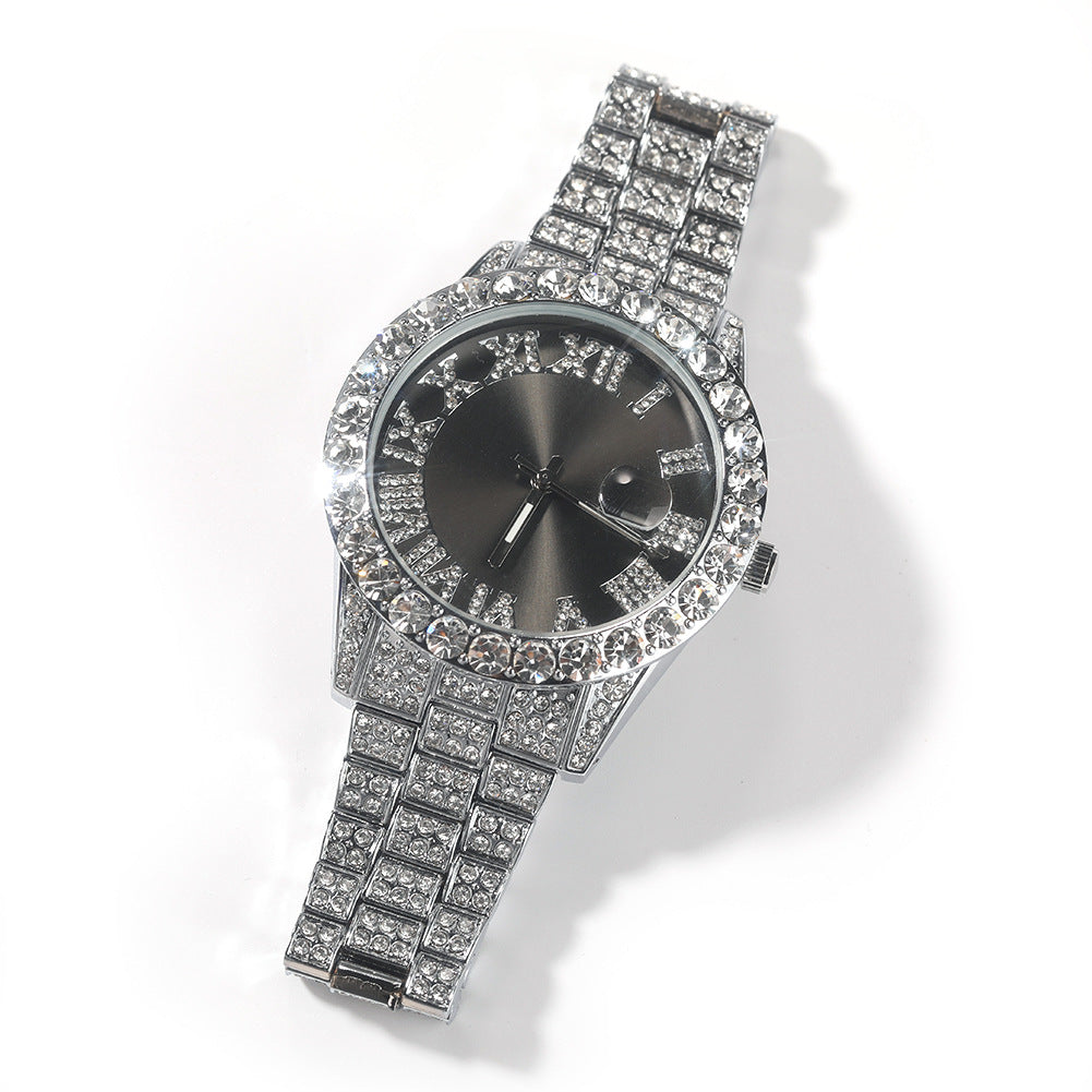 Hip-hop watch with Roman numerals and diamonds, large dial