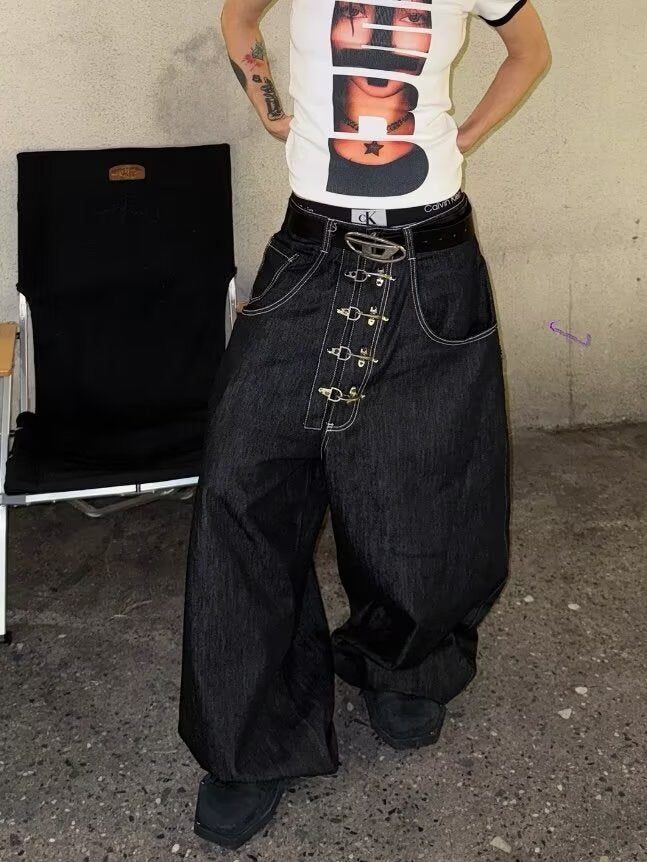 "Aircraft Buckle" Raw-Hem Curved-Leg Jeans