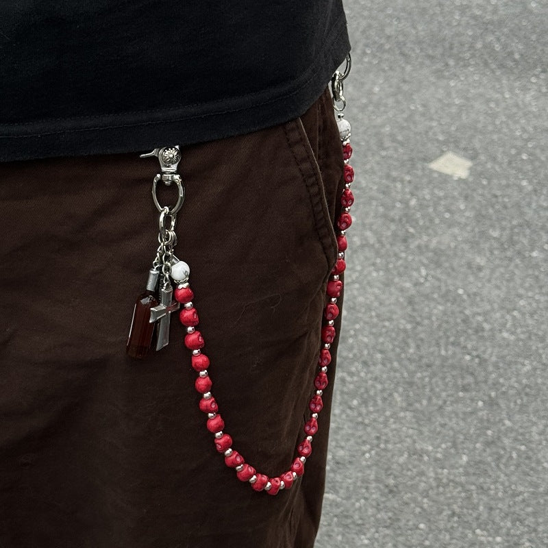 Punk Red Skull & Vintage Cross Pant Chain