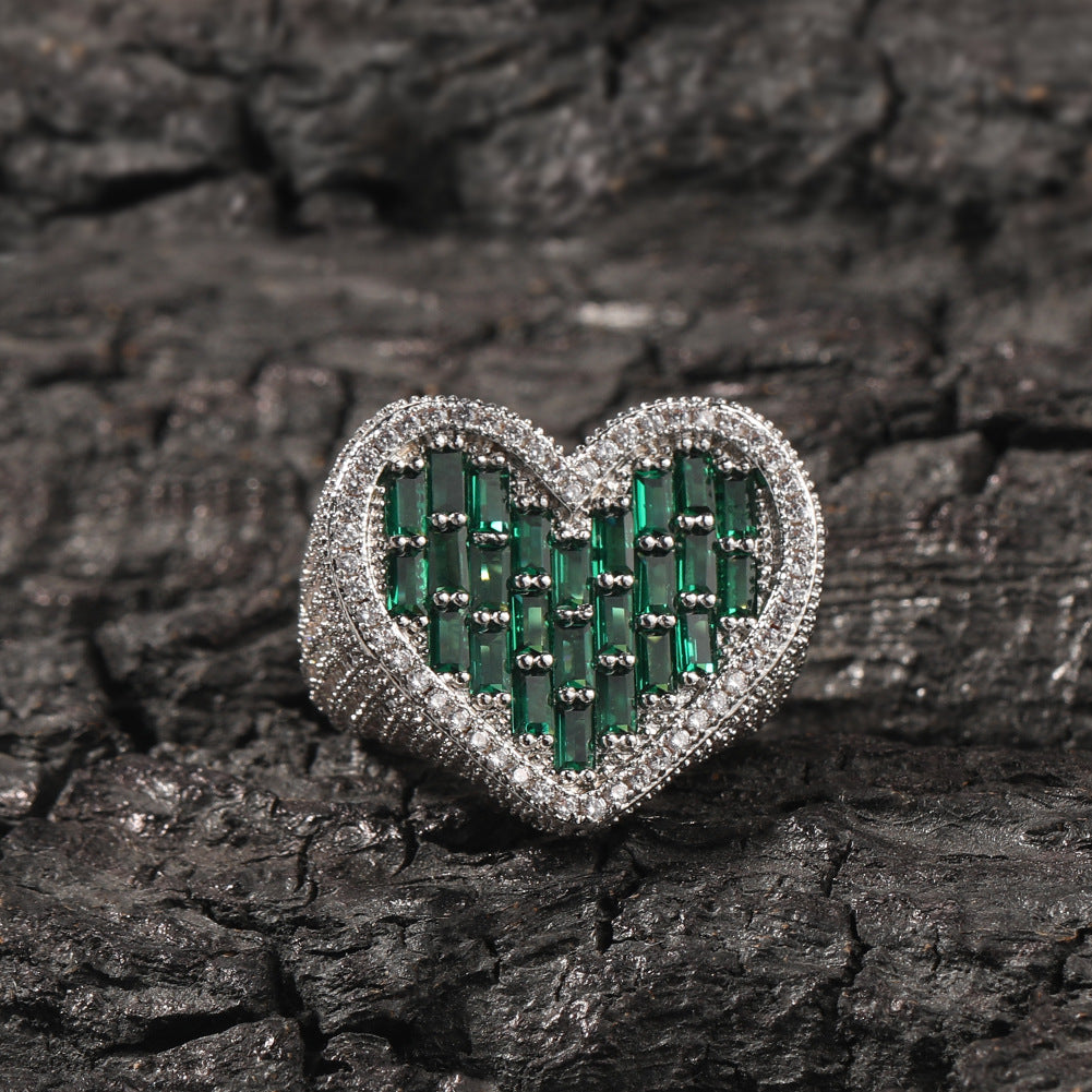 Hip-Hop T-Square & Heart-Shaped Zirconia Ring