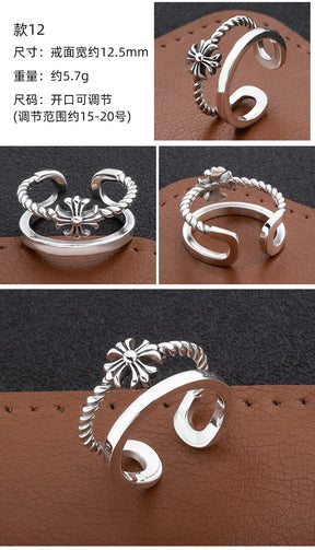 S925 sterling silver chrome hearts cross flower retro open ring