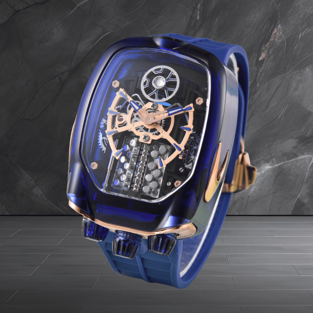 W16 Engine-Style Watch with Sparkling Transparent Crystal Case