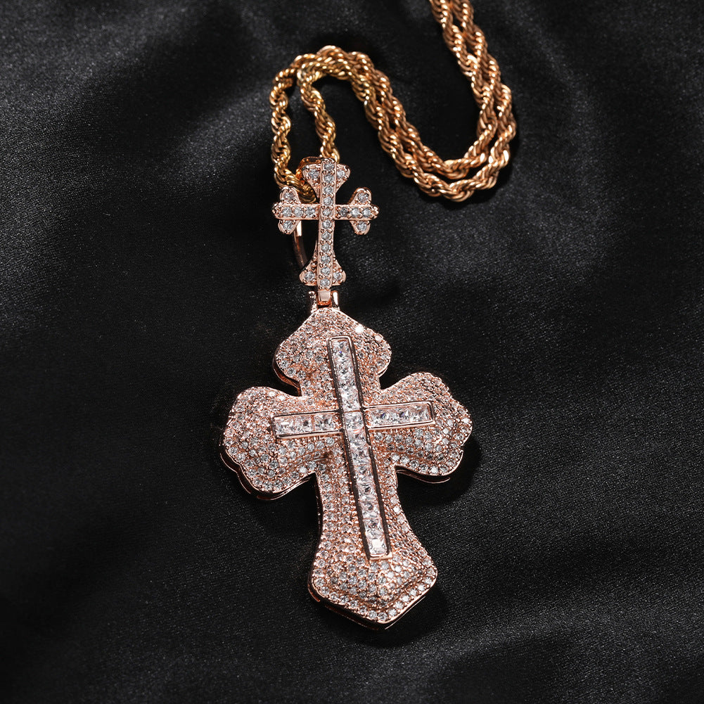 Hip-hop zircon-encrusted couple's necklace with large and small crosses
