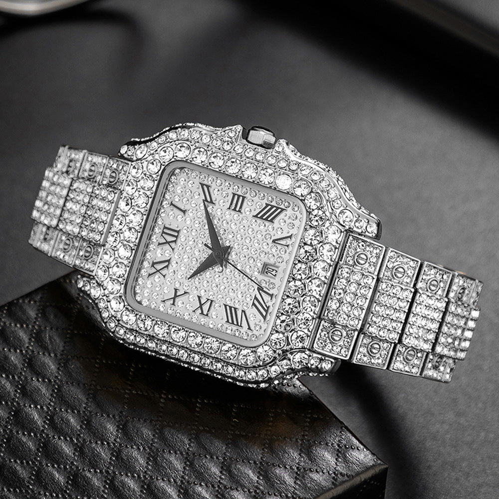 Hip-Hop Square Quartz Watch with Full Diamonds and Roman Markers