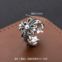 S925 sterling silver chrome hearts cross flower retro open ring