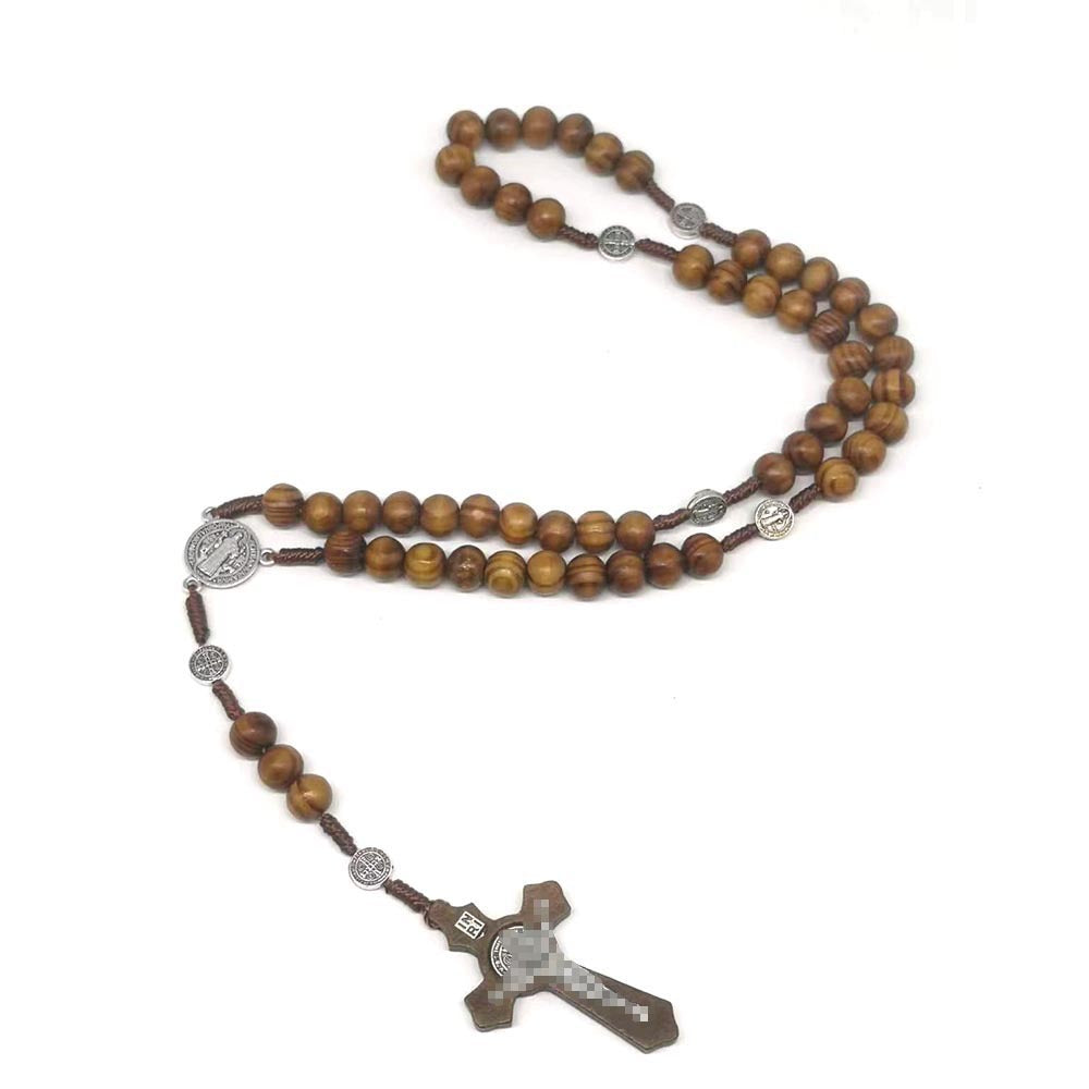 rosary necklace natural wooden beads