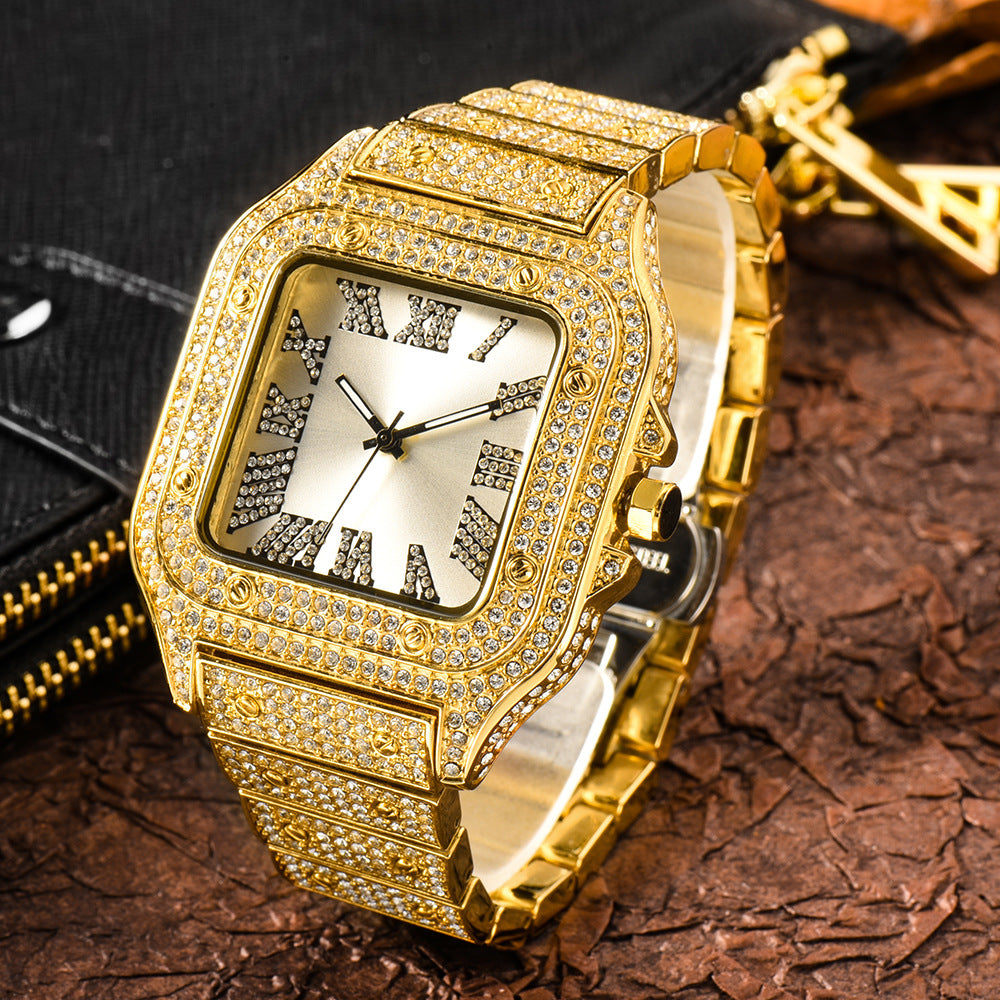 Roman Dial Marker High-End Hip Hop Style Diamond-Studded Square Watch