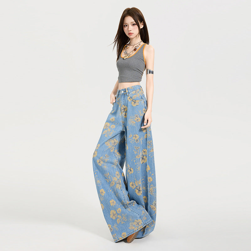 Y2K Floral Print Loose-Fit Flared Denim Trousers
