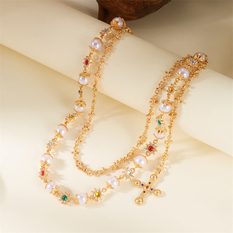 Multi-Color Gemstone, Pearl, and Cross Punk Waist Chain