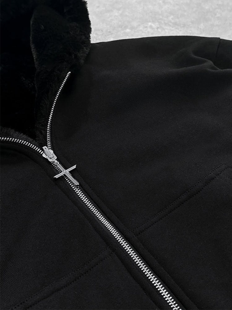 Reversible retro leopard print zip-up hooded sweatshirt