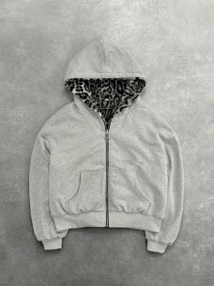 Reversible retro leopard print zip-up hooded sweatshirt