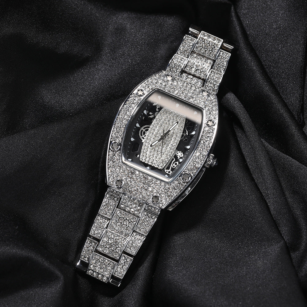 Diamond-set color-blocked hip-hop tonneau-shaped watch