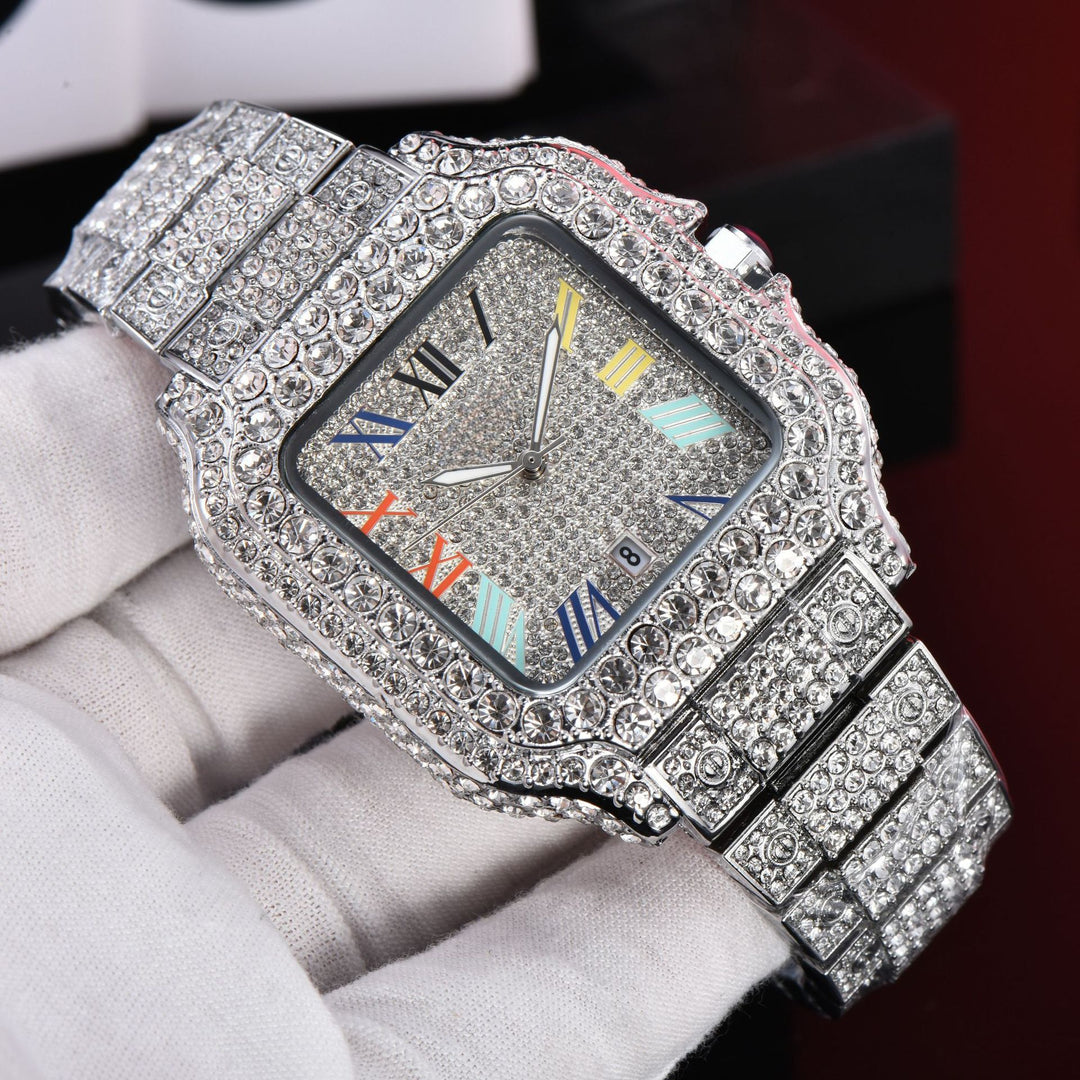 Luxury Diamond-Studded Watch with Classic Roman Dial
