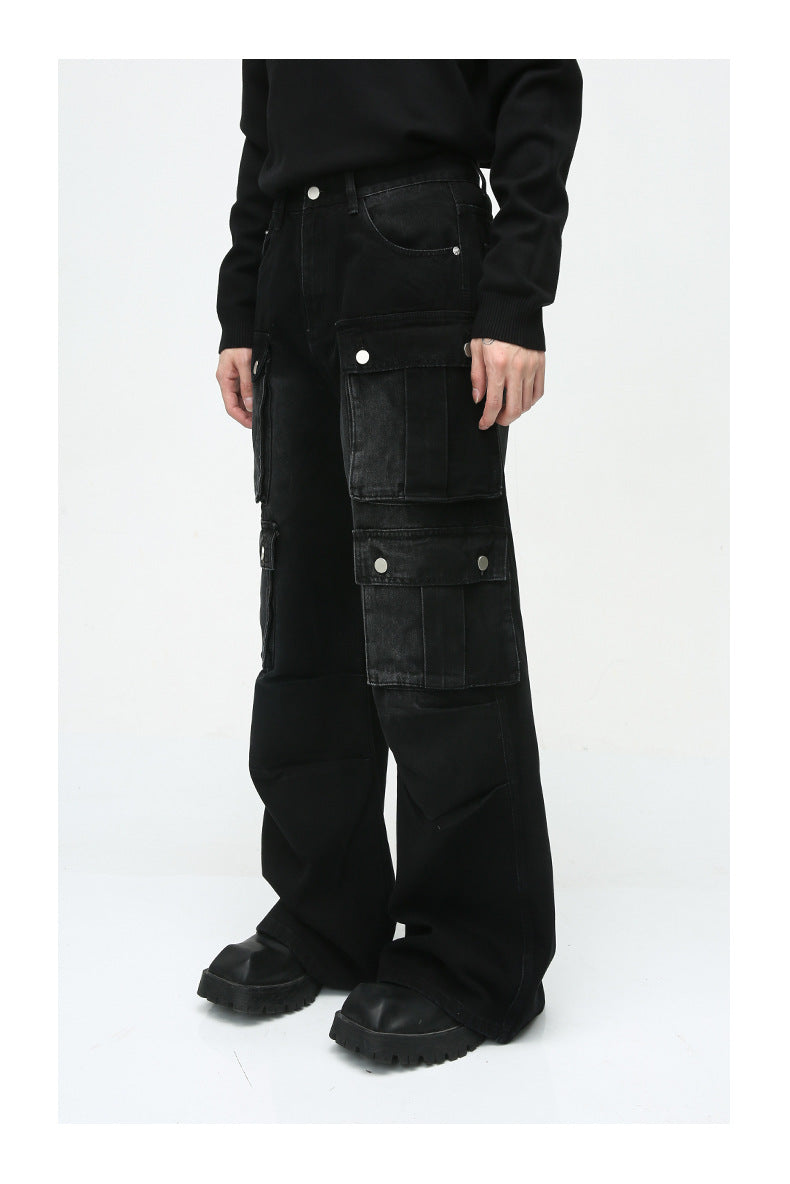 Heavy-Duty Retro Multi-Pocket Cargo-Style Wide-Leg Jeans