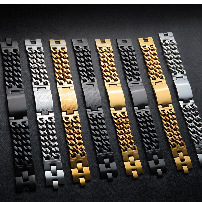 Double-Row Cross Stainless Steel Couple's Bracelet Set