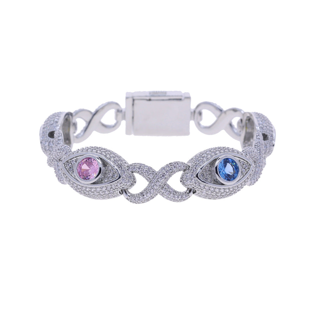 Eye-themed infinity bracelet with colored zircon, figure-eight chain