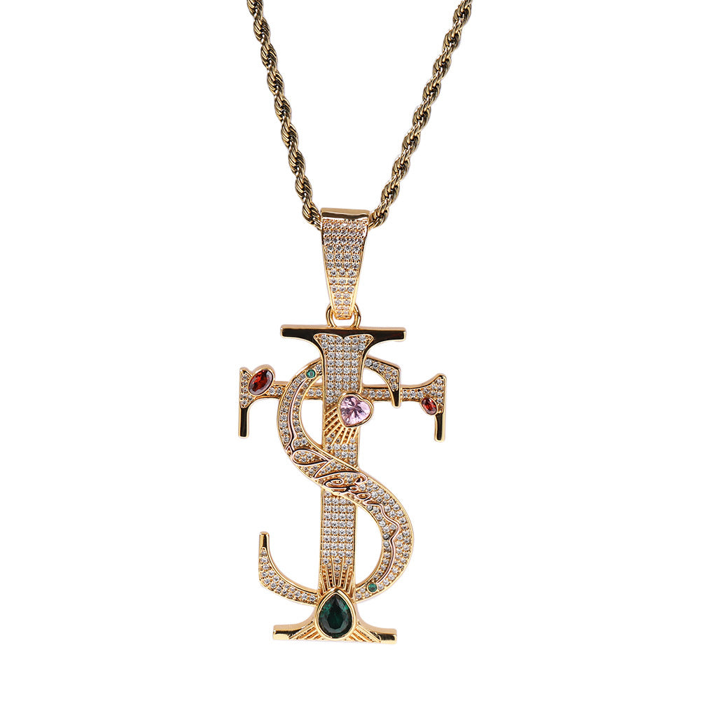 Hip-hop colored zircon TS cross necklace