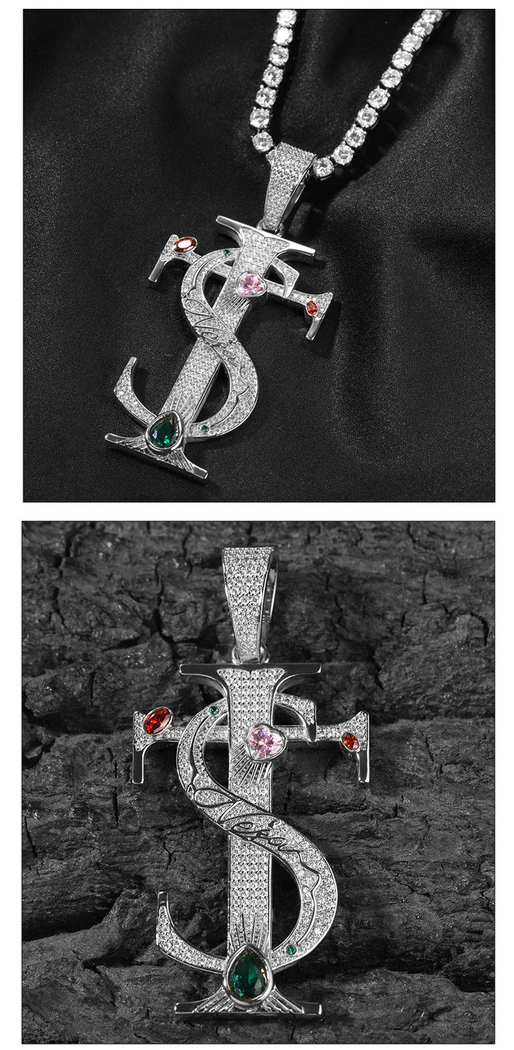 Hip-hop colored zircon TS cross necklace