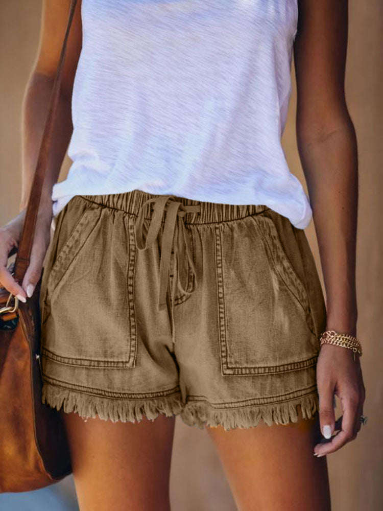 High-Waisted Denim Shorts with Elastic Waist and Fringed Hem