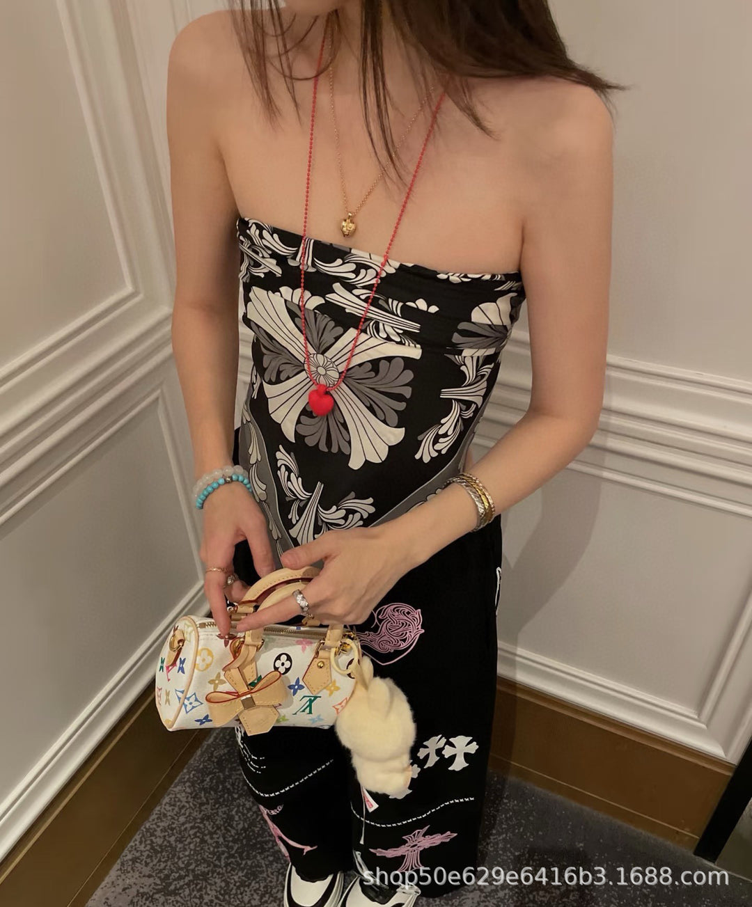 Chrome Hearts-Style All-Over Print Silk Bandeau Top